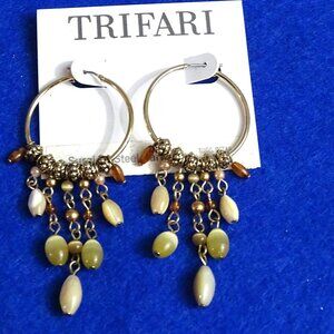 Trifari Gold Tone Hoop Earrings with Hanging Beads Never Worn